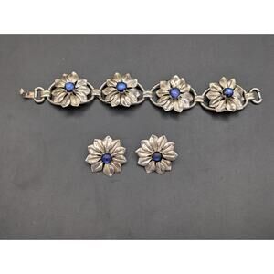 Kreisler Floral Bracelet Clip Earrings Set Blue Moonstone Glass Mid Century